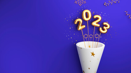 Poster - 3D Render Golden Foil 2023 Number With Star Sticks Popping Out From Party Cone Against Blue Background For Happy New Year.