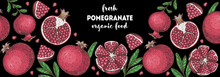 Pomegranate Fruit Hand Drawn Design. Vector Illustration. Design, Package, Brochure Illustration. Pomegranate Border Illustration. Design Elements For Packaging Design And Other.