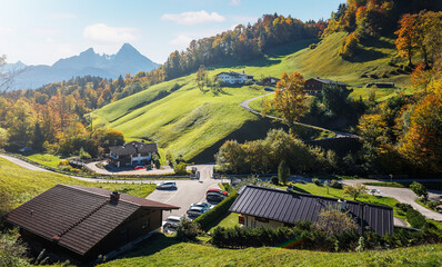Fototapete - Beautiful nature landscape. Incredible autumn scenery. View on Alpine highlands with Watzmann mount, colorful trees and Small church. Famous Maria Gern Church. Berchtesgaden Bavaria Alps Germany
