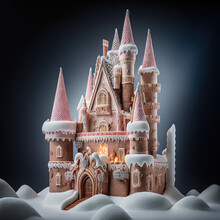 A Fairytale Christmas Castle Made Of Tiny Cookies. Winter Gingerbread House In Snow. Heaven Made Of Cream The Butter, Brown Sugar, Molasses, Cinnamon And Ginger. Generative AI