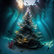 A large underwater Christmas tree made of coral and seaweed. Creative dark ocean New Year concept. Neon cyber lights. Unreal landscape. Generative AI.