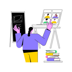 Poster - Remote learning isolated cartoon vector illustrations. Teacher giving lecture online with laptop, modern student life, educational process during coronavirus, virtual learning vector cartoon.
