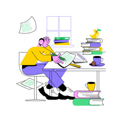 Poster - Study too much isolated cartoon vector illustrations. Nerd boy studying hard with diversity of books around, educational process, preparing for college classes, chaos in the room vector cartoon.