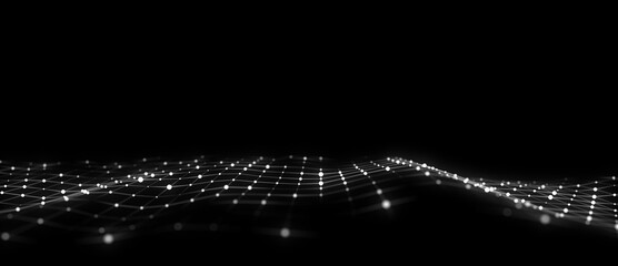 Wall Mural - Wave of particles and lines. Big data visualization. Abstract background with a dynamic wave. 3d rendering.