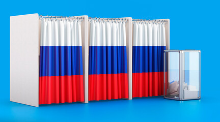 Voting booths with Russian flag and ballot box. Election in Russia, concept. 3D rendering