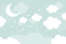 Vector Hand Drawn Childish 3d Wallpaper With Clouds. Aerial White Clouds, Stars And Dots . Lovely Wallpaper For The Kids Room.	