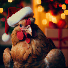 Chicken In Santa Claus Hat With Christmas Gift