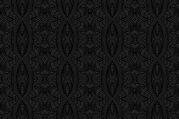  Embossed exotic black background, ethnic cover design. Press paper, doodle and zentangle technique. Geometric 3d pattern. Creative tribal themes of East, Asia, India, Mexico, Aztecs, Peru.