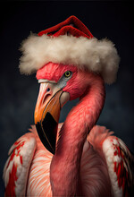 Close Up Of A Pink Flamingo In Santa Hat