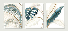 Luxury Abstract Art Background With Tropical Palm Leaves, Monstera In White And Blue Colors With Golden Line Elements. Botanical Poster Set For Wallpaper Design, Print, Textile, Interior
