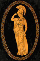 Wall Mural - The ancient Greek goddess of wisdom Pallas Athena in a helmet and tunic stands and holds a shield in her hand.