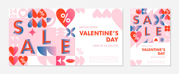 Set of Valentines Day sale banner templates.Special offer layouts in bauhaus style with geometric elements and symbols.Trendy designs for flyers,ads,vouchers,promo offers.Vector Valentines marketing.