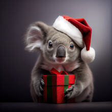 Koala Bear In Santa Claus Hat With Christmas Gift