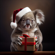 Koala Bear In Santa Claus Hat With Christmas Gift