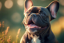 Portrait Of A Cute Happy French Bulldog Outdoors In The Field. Generative AI.