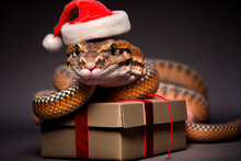 Snake In Santa Claus Hat With Christmas Gift