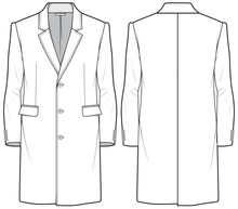 Men's Topcoat Notch Lapel Blazer Jacket Suit Flat Sketch Fashion Illustration Technical Drawing With Front And Back View, Long Line Overcoat Blazer Sketch
