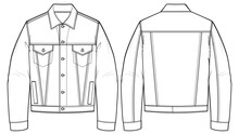 Classic Trucker Jacket Design Flat Sketch Illustration Front And Back View Vector Template, Denim Jacket Drawing Mock Up Template For Men And Women
