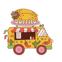 Wall Mural - Food truck for Mexican food meal fast delivery service or summer food festival. Truck van with burrito on the roof. Vector contour retro cartoon illustration.