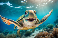 Portrait Of A Happy Sea Turtle Swimming Underwater. Generative AI.