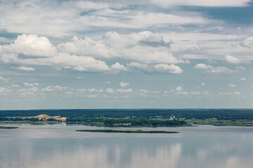 beautiful summer view of the water, river, sea overlooking the blue sky with clouds