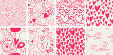 Set Of 8 Elegant Seamless Patterns With Hand Drawn Decorative Hearts, Design Elements. Romantic Patterns For Wedding Invitations, Greeting Cards, Scrapbooking, Print, Gift Wrap. Valentines Day