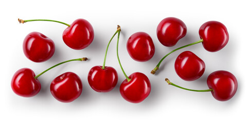 Wall Mural - Cherries. Cherries top view. Cherry isolated. Sour cherry on white background. With clipping path.