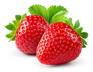 Poster - Strawberries isolated. Strawberry with leaves on white background. Side view. Full depth of field. Strawberry with clipping path.