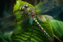 Extreme Closeup Of A Big Dragonfly Perched On A Leaf Of Greenery. Generative AI
