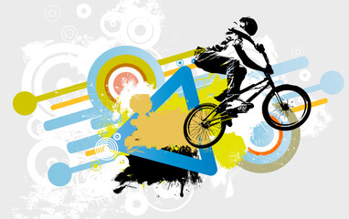 Wall Mural - Vector banner or flyer with cyclist on the bike. Abstract poster of BMX competitions sport template.