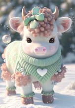 Fluffy Small Cow In Green Sweater Stands In Winter Landscape, Ginger Little Cute Cow,  Adorable, Greetings, Christmas, Xmas, Illustration, Digital