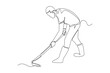 Continuous one line drawing gardener working soil with hoe in garden. Farmer digging with hand tool. Agriculture concept. Single line draw design vector graphic illustration.