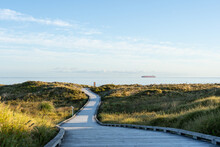 Wooden Walkway Leading Through Dunes To Papamoa Ocean Beach In Morning Light