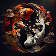 Koi Fishes In A Incredible Yin Yang Shape Color, Black And White
