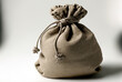 tied, earth shaped money bag or sack made of canvas and linen with a white backdrop. Generative AI