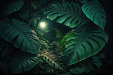 Dark Green Tropical Leaves On Black Background, Leaves Composition, Floral Background, Manstera, Palm Leaves. AI