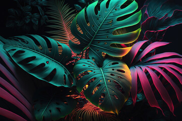 Wall Mural - Dark green tropical leaves colorful neon light, backlight, leaves composition, plant background, manstera, palm leaves. AI