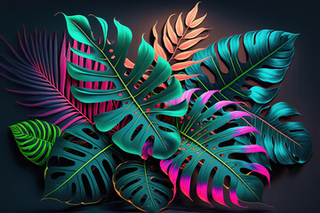 Wall Mural - dark green tropical leaves colorful neon light, backlight, leaves composition, plant background, man