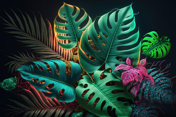 Wall Mural - dark green tropical leaves colorful neon light, backlight, leaves composition, plant background, man