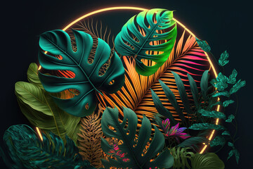 Wall Mural - dark green tropical leaves colorful neon light, backlight, leaves composition, plant background, man