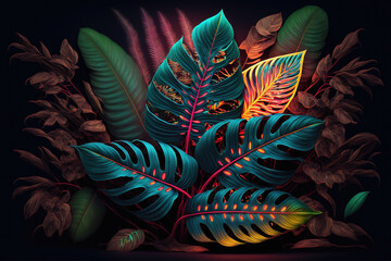 Wall Mural - dark green tropical leaves colorful neon light, backlight, leaves composition, plant background, man