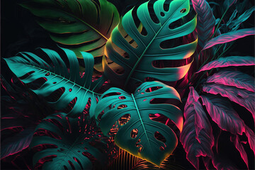 Wall Mural - Dark green tropical leaves colorful neon light, backlight, leaves composition, plant background, manstera, palm leaves. AI