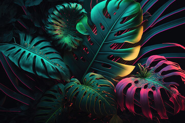 Dark green tropical leaves colorful neon light, backlight, leaves composition, plant background, manstera, palm leaves. AI