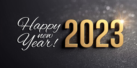 Wall Mural - Happy New Year greetings and 2023 date number colored in gold, on a glittering black card