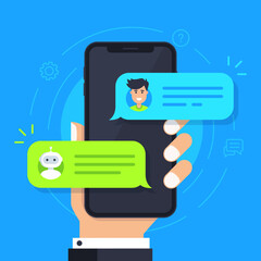 Wall Mural - Chatbot flat icon. Man chatting with chat bot on smartphone. Hand holds phone with chat bubbles on the screen. Chat messages notification on phone. Vector modern cartoon illustration