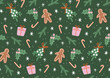© Ewelina - Hand Drawn Holiday Seamless Vector Pattern. Cute Christmas Elements On Dark Green Background. Simple Style Design Ideal For Textile, Wallpaper, Fabric Prints Or Wrapping Paper.