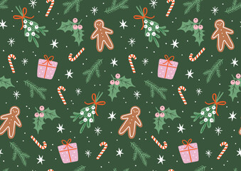 hand drawn holiday seamless vector pattern. cute christmas elements on dark green background. simple