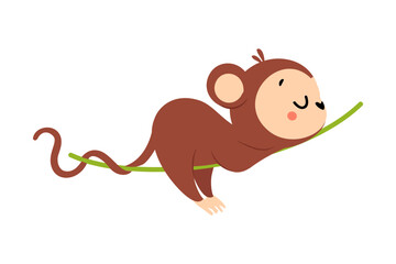 Wall Mural - Cute Playful Monkey with Long Tail Sleeping Lying on Liana Vector Illustration