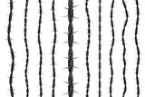 Barbed wire. Spiked metal wire. Steel coiled cord with spearhead. Sharp spikes on metal wire. Steel hawser isolated on white. Set of prickly hawser in different sizes. Realistic style. 3d image.