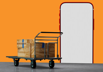 Poster - Cart with boxes. Big phone. Trolley for transporting boxes to warehouse. Smartphone template with white screen. Concept app for warehouse logistics. Places to offer sweet business in phone. 3d image